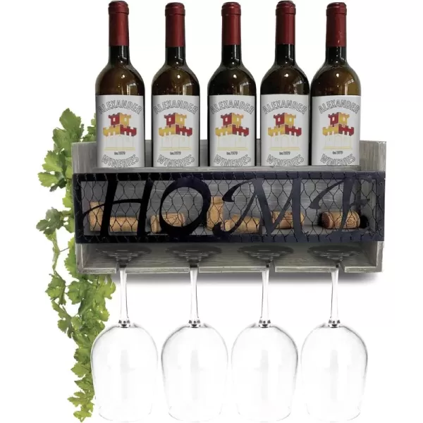 CoTa Global Modern White Wall Mounted Wine Rack  Wooden Wine Bottle Holder for 5 Bottles ampamp 4 Wine Glasses with Cork Storage Hanging Metal HOME Sign ampamp Organizer Wood shelf for Wine Bar ampamp Home DcorModern Grey