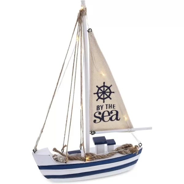 CoTa Global Ocean Blue Sea Boat with LED Light  Handmade Wooden Boat Decor Beach Style Model Sail Boat Decorations Nautical Themed Table Top Decor
