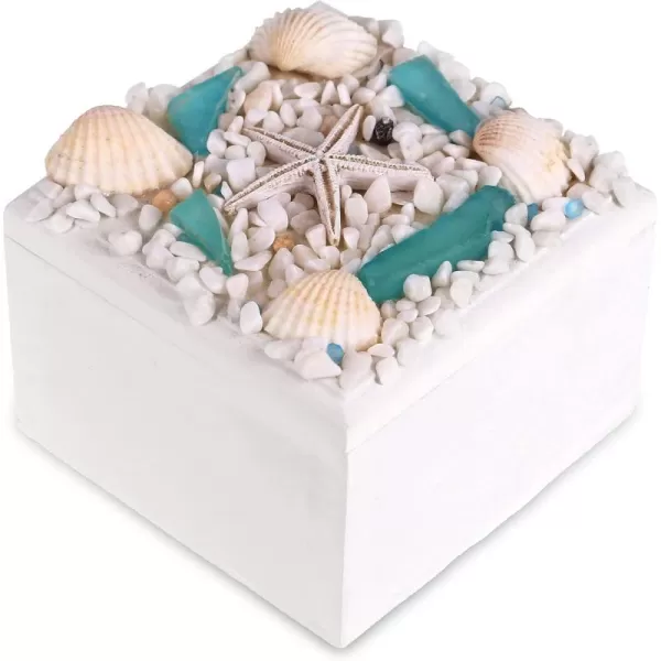 CoTa Global Oceanic Square Jewelry Box  Handcrafted Nautical Trinket with Seashell and Starfish Decorations Accent Tabletop Home Decor Beach Sea Shell Jewelry Storage Organizer  32 Inch