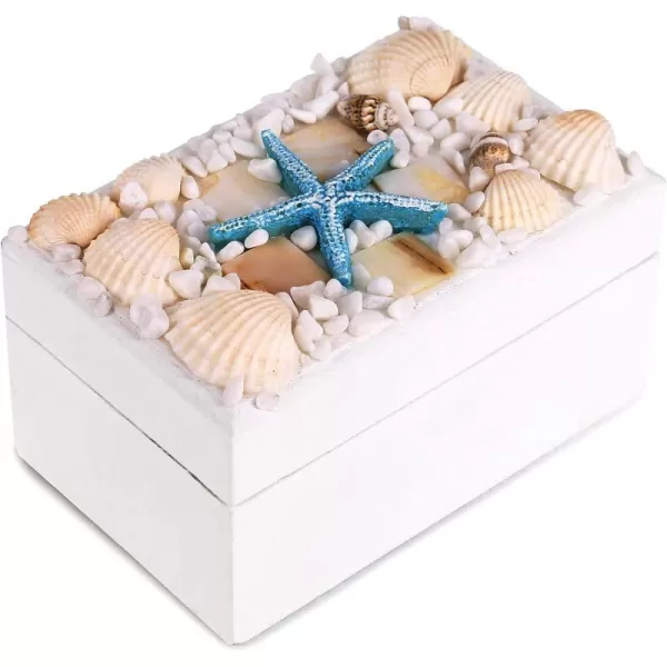 CoTa Global Oceanic White Wooden Jewelry Box  Handcrafted Nautical Trinket with Seashell and Starfish Decorations Accent Tabletop Decor Jewelry Storage  44 Inch