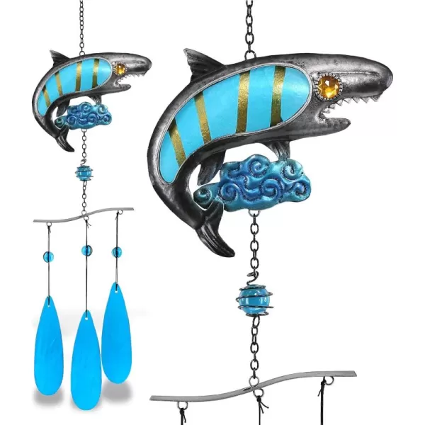 CoTa Global Shark Wind Chime  Handmade Glass and Metal Chime  Ocean Life Hanging Decor  Colorful Home Decor Gift Indoor and Outdoor Hanging Decoration for Porch Patio and Garden  27 Inches