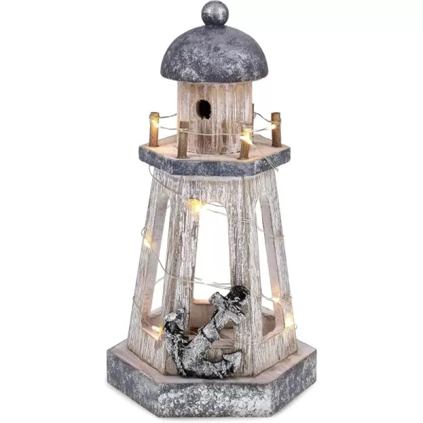 CoTa Global Silver Sea Nautical Wooden Lantern Lighthouse With LED Lights  Table Top Centerpiece Coastal Decor For Home Beach House Rustic Decorative Lamp with Boat Anchor  Handmade Color May Vary