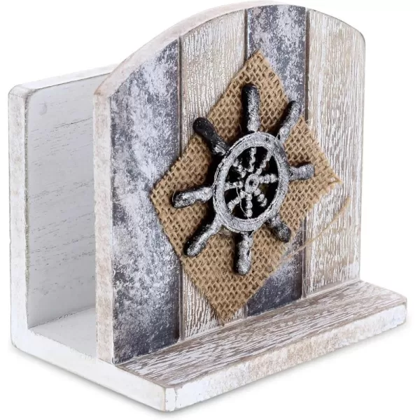 CoTa Global Silver Sea Nautical Wooden Napkin Holder  Table Top Centerpiece Coastal Decor for Kitchen Home Beach House Rustic Decorative Napkin Holder with Boat Wheel  Handmade Color May Vary