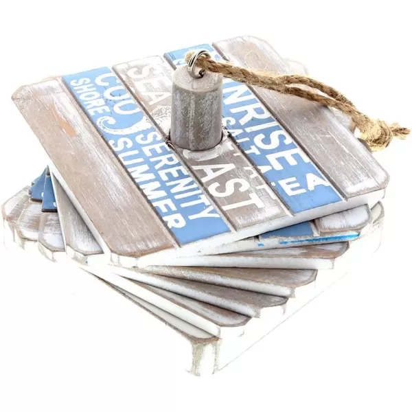 CoTa Global Aqua Sky Nautical Wooden Coaster Set  Rustic Square Coaster Set with Holder Cute Beach Theme Drink Coasters Set for Spill and Scratch Free Tabletop  6 Coasters and 1 Holder Set