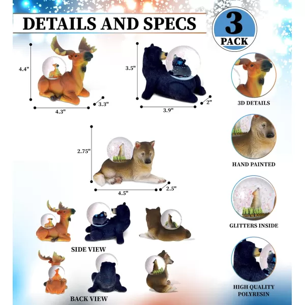 CoTa Global Moose Black Bear Wolf Snow Globe Set of 3  Wild Animal Water Globe Figurines Collectible Novelty Ornament for Home Decor Gift for Birthdays Christmas and Valentine  45mm