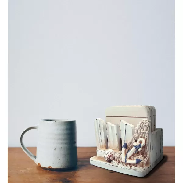 CoTa Global Nautical Wooden Coaster and Holder Set  Rustic Circle Coaster Set with Holder Cute Beach Theme Drink Coasters Set for Spill and Scratch Free Tabletop  6 Coasters and 1 Holder Set