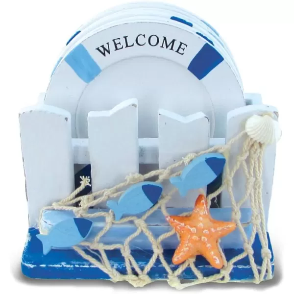 COTA Global Light Blue Stripes Nautical Wooden Coaster Set  Rustic Circle Coaster Set with Holder Cute Beach Theme Drink Coasters Set for Spill and Scratch Free Tabletop  6 Coasters and Holder Set