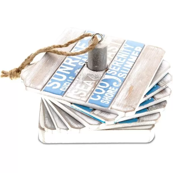 CoTa Global Aqua Sky Nautical Wooden Coaster Set  Rustic Square Coaster Set with Holder Cute Beach Theme Drink Coasters Set for Spill and Scratch Free Tabletop  6 Coasters and 1 Holder Set