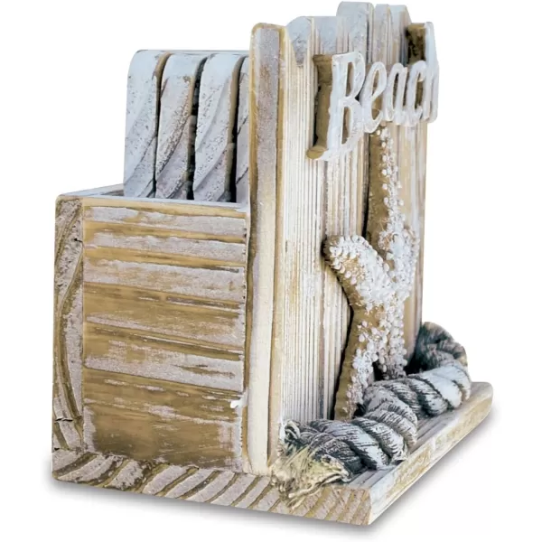 CoTa Global Baja Beach Starfish Nautical Wooden Coaster Set  Rustic Square Coaster Set with Holder Cute Beach Theme Drink Coasters Set for Spill and Scratch Free Tabletop  6 Coasters and Holder Set