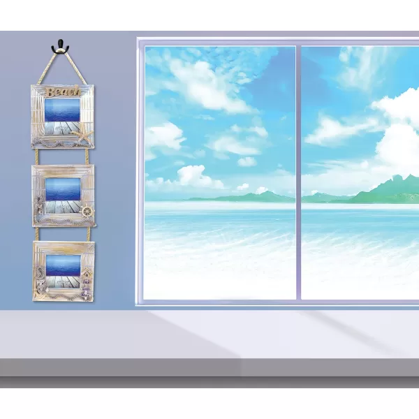 CoTa Global Baja Triple Hanging Wall Frames  4x4 White Distressed Wood Beach Photo Frame for Summer Vacation Memory Handmade Tropical Sand Nautical Picture Frame for Wall Hang  2225 Inches
