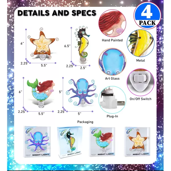 CoTa Global Ocean Life Night Lights  Sea Horse Mermaid Starfish Octopus Home Decor Wall Plug in Night Lights with Switch Unique Decorative Metal Glass Nightlights for Home  4 Piece