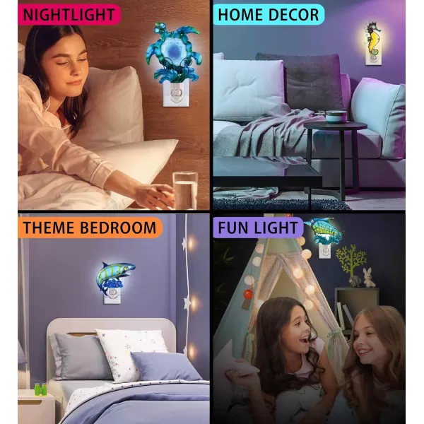 CoTa Global Ocean Life Night Lights  Sea Turtle Dolphin Sea Horse Shark Home Decor Wall Plug in Night Lights with Switch Decorative Metal Glass Nightlights 4 Piece
