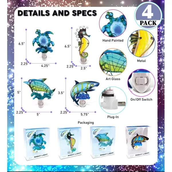 CoTa Global Ocean Life Night Lights  Sea Turtle Dolphin Sea Horse Shark Home Decor Wall Plug in Night Lights with Switch Decorative Metal Glass Nightlights 4 Piece