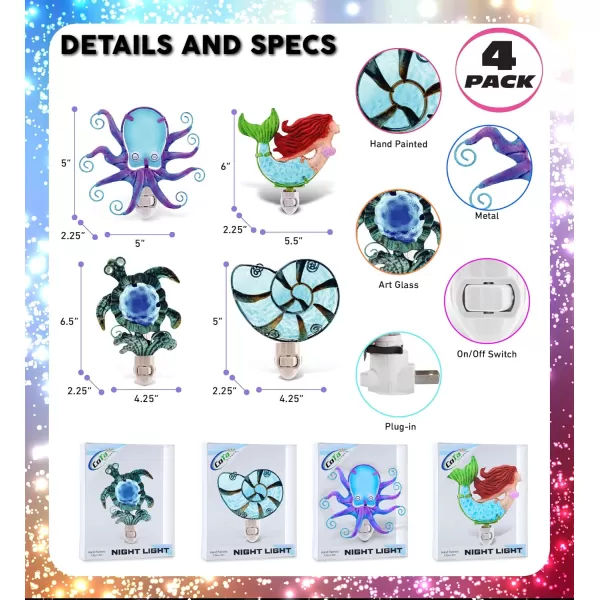 CoTa Global Ocean Life Night Lights  Sea Turtle Shell Mermaid Octopus Home Decor Wall Plug in Night Lights with Switch Decorative Metal Glass Nightlights 4 Piece
