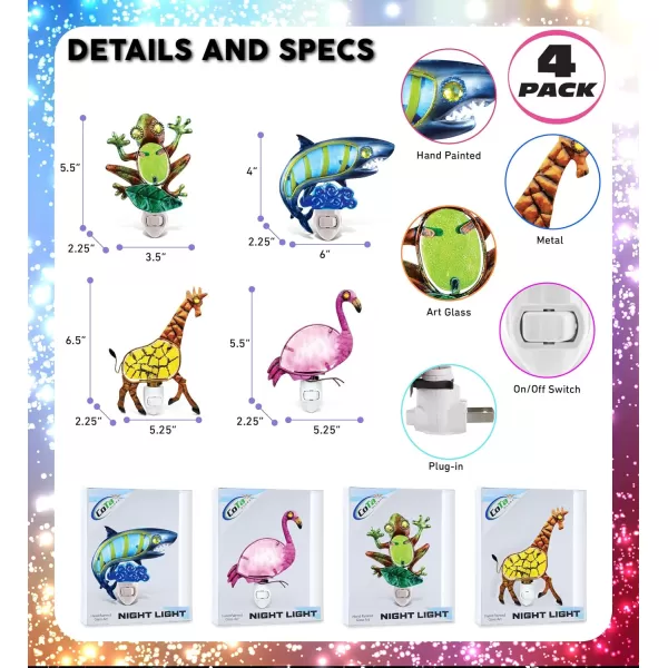 CoTa Global Wildlife Nightlights  Frog Flamingo Giraffe and Shark Home Decor Wall Plug in Night Lights with Switch Decorative Metal Glass Nightlights  4 Pcs Set