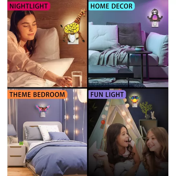 CoTa Global Zoo Animal Nightlights  Butterfly Owl Giraffe Sloth Home Decor Wall Plug in Night Lights with Switch Decorative Metal Glass Nightlights for Bathroom Kitchen Bedroom  4 Pcs Set