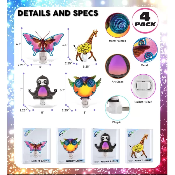 CoTa Global Zoo Animal Nightlights  Butterfly Owl Giraffe Sloth Home Decor Wall Plug in Night Lights with Switch Decorative Metal Glass Nightlights for Bathroom Kitchen Bedroom  4 Pcs Set