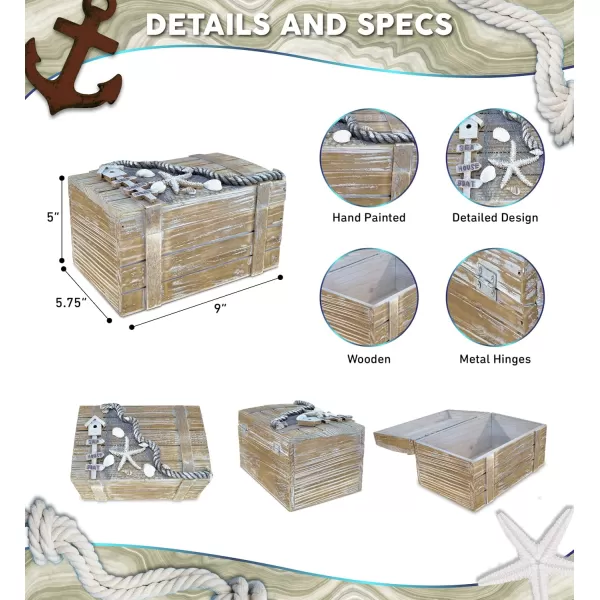 Puzzled CoTa Global Baja Beach Large Wooden Jewelry Box  Handcrafted Nautical Trinket with Seashell and Starfish Decorations Accent Tabletop Home Decor Jewelry Storage  9 Inches