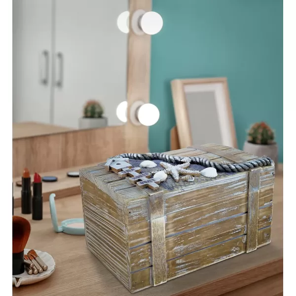 Puzzled CoTa Global Baja Beach Large Wooden Jewelry Box  Handcrafted Nautical Trinket with Seashell and Starfish Decorations Accent Tabletop Home Decor Jewelry Storage  9 Inches