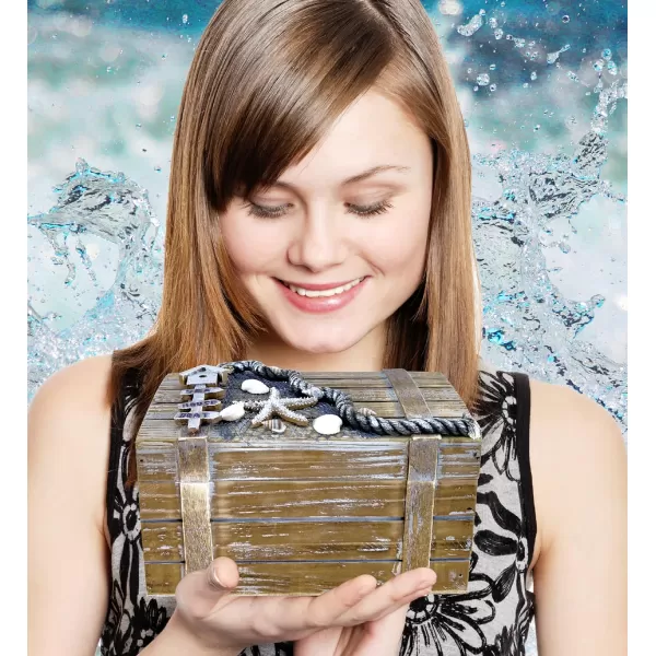 Puzzled CoTa Global Baja Beach Large Wooden Jewelry Box  Handcrafted Nautical Trinket with Seashell and Starfish Decorations Accent Tabletop Home Decor Jewelry Storage  9 Inches