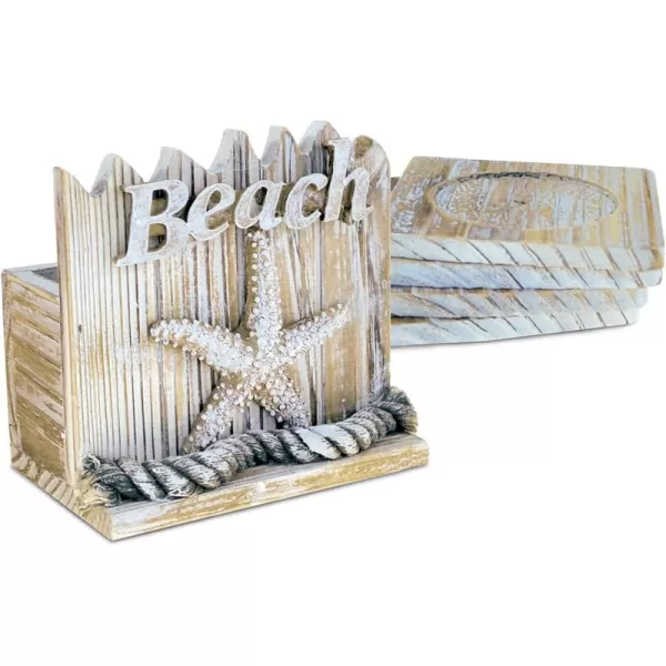 CoTa Global Baja Beach Starfish Nautical Wooden Coaster Set  Rustic Square Coaster Set with Holder Cute Beach Theme Drink Coasters Set for Spill and Scratch Free Tabletop  6 Coasters and Holder Set