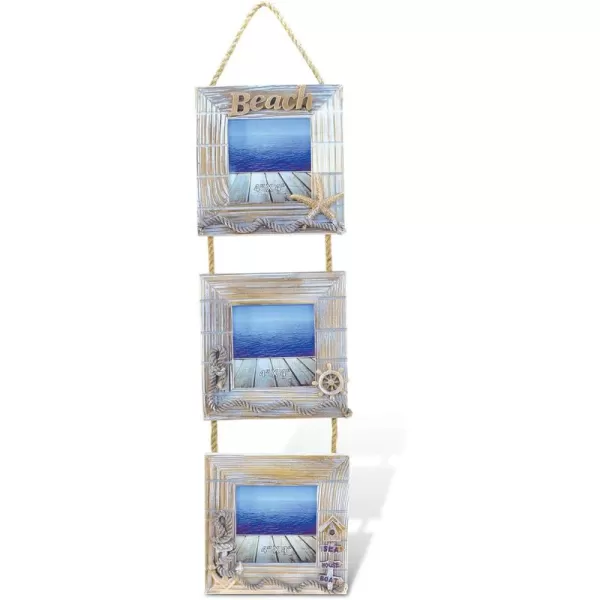 CoTa Global Baja Triple Hanging Wall Frames  4x4 White Distressed Wood Beach Photo Frame for Summer Vacation Memory Handmade Tropical Sand Nautical Picture Frame for Wall Hang  2225 Inches