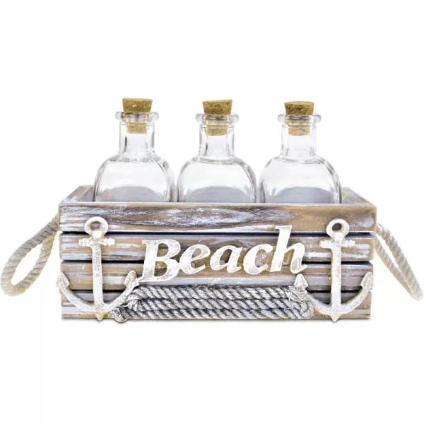 CoTa Global Nautical Baja Beach Square Cork Bottles in Vintage Crate  Tabletop Three Glass Bottles with Cork in Wooden Bottle Holder Carrier for Coastal Farmhouse Decor  Handmade Color May Vary