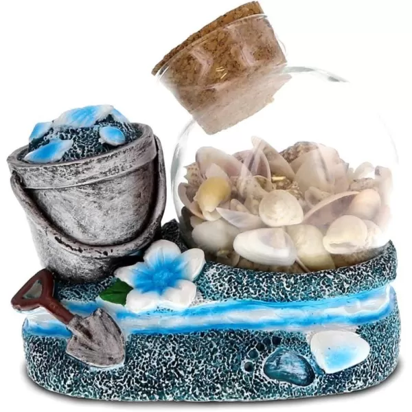 CoTa Global Ocean Breeze Beach Theme Dcor Blue and Silver Sand and Shell Beach Bucket Bottle Handcrafted Hand Painted Home Accent Kitchen Bedroom Living Room Unique Gift Souvenir Snow Globe