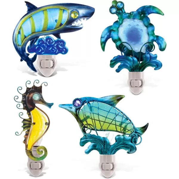 CoTa Global Ocean Life Night Lights  Sea Turtle Dolphin Sea Horse Shark Home Decor Wall Plug in Night Lights with Switch Decorative Metal Glass Nightlights 4 Piece