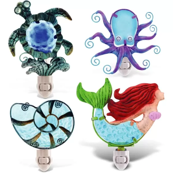 CoTa Global Ocean Life Night Lights  Sea Turtle Shell Mermaid Octopus Home Decor Wall Plug in Night Lights with Switch Decorative Metal Glass Nightlights 4 Piece