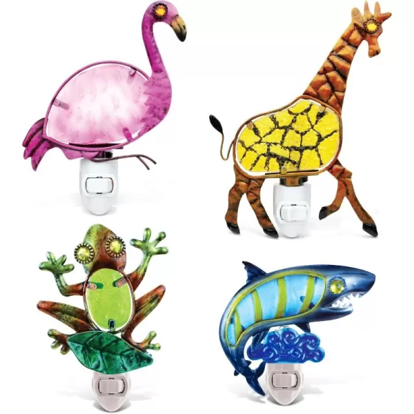 CoTa Global Wildlife Nightlights  Frog Flamingo Giraffe and Shark Home Decor Wall Plug in Night Lights with Switch Decorative Metal Glass Nightlights  4 Pcs Set