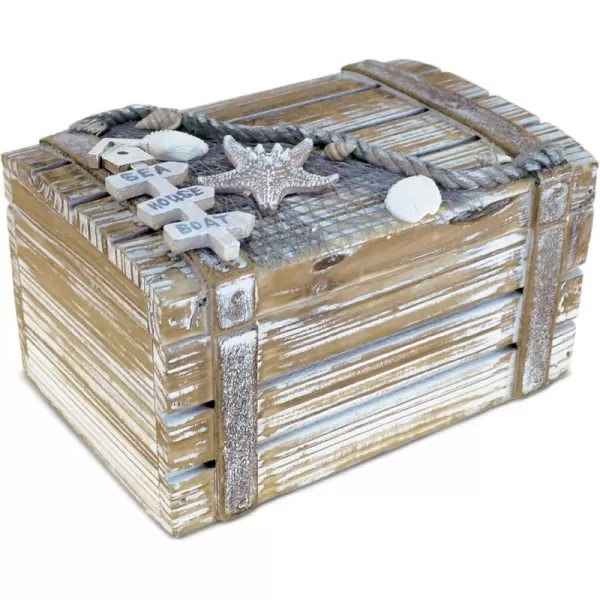 Puzzled CoTa Global Baja Beach Medium Wooden Jewelry Box  Handcrafted Nautical Trinket with Seashell and Starfish Decorations Accent Tabletop Home Decor  675 Inch