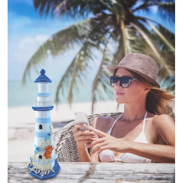 COTA Global Light Blue Stripes Lighthouse Decor  Handmade and Crafted Wooden Lighthouse Decoration with Crab Decorative Beach Style Tabletop Centerpiece  1225 Inches