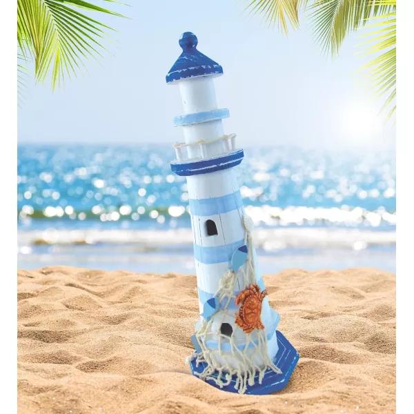 COTA Global Light Blue Stripes Lighthouse Decor  Handmade and Crafted Wooden Lighthouse Decoration with Crab Decorative Beach Style Tabletop Centerpiece  1225 Inches