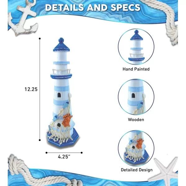 COTA Global Light Blue Stripes Lighthouse Decor  Handmade and Crafted Wooden Lighthouse Decoration with Crab Decorative Beach Style Tabletop Centerpiece  1225 Inches