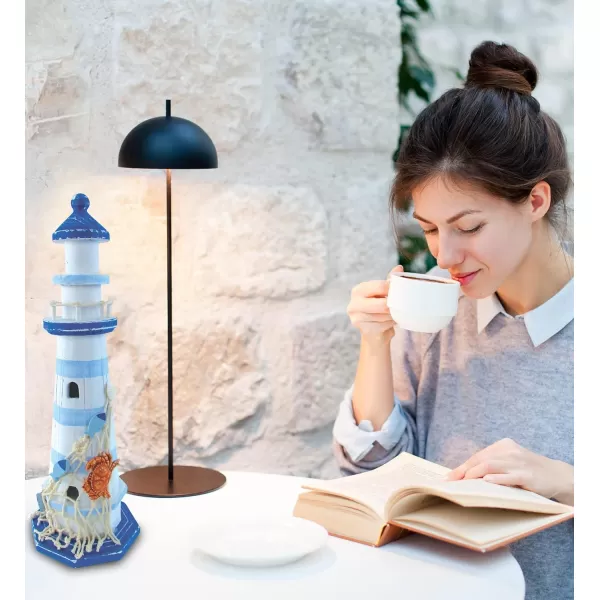 COTA Global Light Blue Stripes Lighthouse Decor  Handmade and Crafted Wooden Lighthouse Decoration with Crab Decorative Beach Style Tabletop Centerpiece  1225 Inches