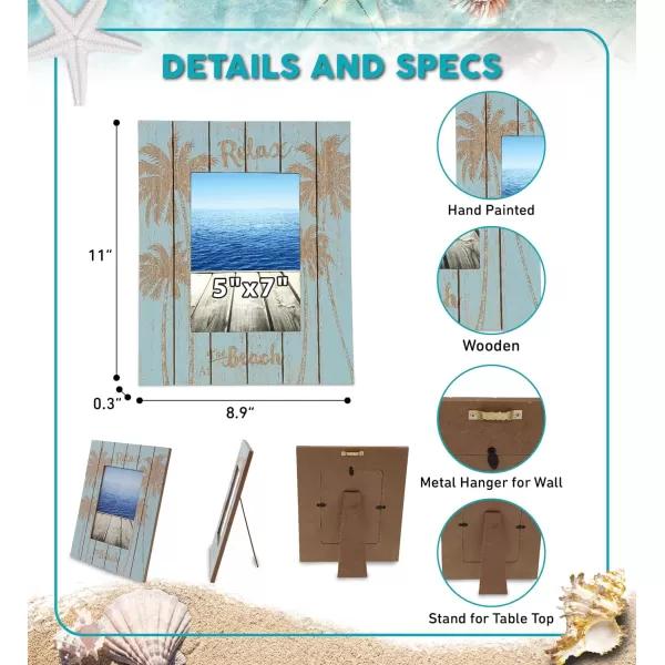 CoTa Global Aqua Palm Boat 4X6 Frame  Blue Distressed Wood Palm Boat Photo Frame for Summer Vacation Memory Handmade Aqua Palm Boat Nautical Picture Frame For Tabletop or Wall Hang  124 InchesFrame 5X7