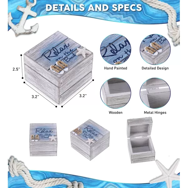 CoTa Global Aqua Sky Relax Wooden Box  Small Handcrafted Nautical Trinket with Sandals and Starfish Decoration Accent Tabletop Home Decor Beach Jewelry Store Organizer