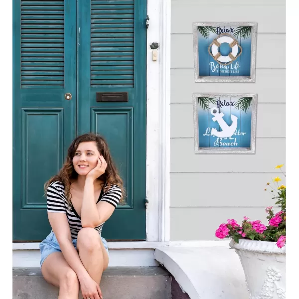 CoTa Global Aqua Sky Wall Relax Hanging Signs 2 Pcs Set  Handmade Wooden Aqua Sky Sign with Hang Mount Nautical Themed Home Decor  Handmade Color May Vary