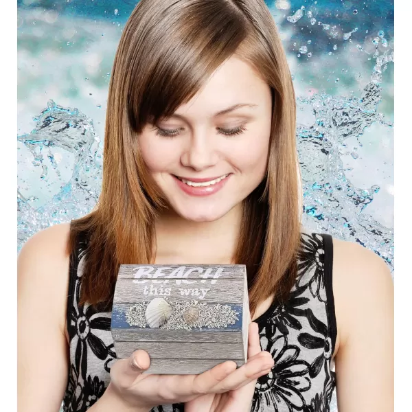 CoTa Global Aqua Sky Wooden Beach Jewelry Box 3 Pcs Set  Handcrafted Nautical Box with Seashells Decorations Tabletop Home Decor Sea Shell Jewelry Storage Organizer Set