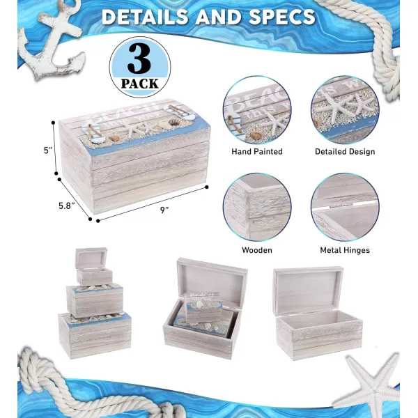CoTa Global Aqua Sky Wooden Beach Jewelry Box 3 Pcs Set  Handcrafted Nautical Box with Seashells Decorations Tabletop Home Decor Sea Shell Jewelry Storage Organizer Set