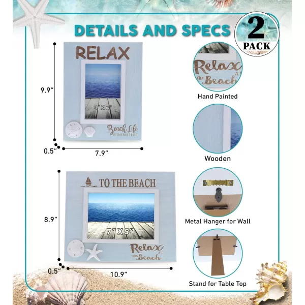 CoTa Global Blue Lagoon 7x5 and 4x6 Beach Frames  Blue Wooden Photo Frames for Summer Vacation Memory Handmade Tropical Sand Nautical Picture Frames for Tabletop or Wall Hang  2 Pieces