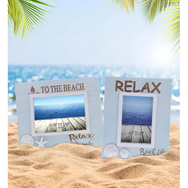 CoTa Global Blue Lagoon 7x5 and 4x6 Beach Frames  Blue Wooden Photo Frames for Summer Vacation Memory Handmade Tropical Sand Nautical Picture Frames for Tabletop or Wall Hang  2 Pieces