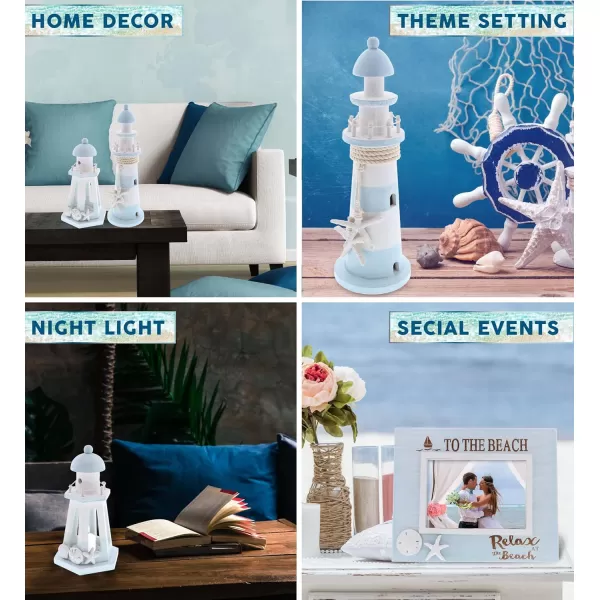 CoTa Global Blue Lagoon Nautical Collection  Handcrafted Blue Wooden Seashell Photo Frame Lighthouse Candle Lantern Holder and Wooden Lighthouse Decoration Set  Handmade Color May Vary  3 Pieces