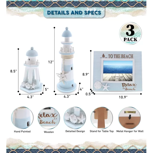 CoTa Global Blue Lagoon Nautical Collection  Handcrafted Blue Wooden Seashell Photo Frame Lighthouse Candle Lantern Holder and Wooden Lighthouse Decoration Set  Handmade Color May Vary  3 Pieces