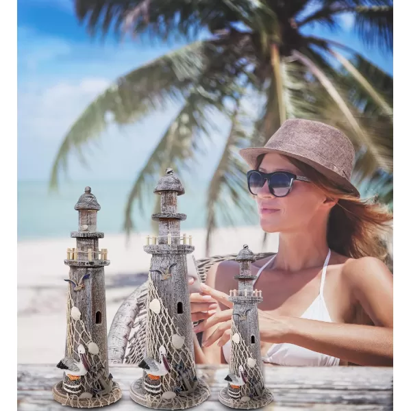 CoTa Global Brown Wooden Lighthouse Collection  Handmade and Crafted Wooden Lighthouse Decoration Nautical Decorative Beach Style Tabletop Centerpiece  3 Pc Set