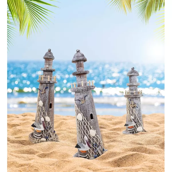 CoTa Global Brown Wooden Lighthouse Collection  Handmade and Crafted Wooden Lighthouse Decoration Nautical Decorative Beach Style Tabletop Centerpiece  3 Pc Set