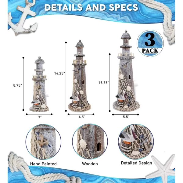 CoTa Global Brown Wooden Lighthouse Collection  Handmade and Crafted Wooden Lighthouse Decoration Nautical Decorative Beach Style Tabletop Centerpiece  3 Pc Set