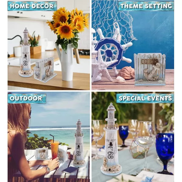 CoTa Global Coastal Horizon Nautical Collection  Handcrafted Wooden Coaster Set Nautical Themed Napkin Holder with Boat Wheel and Wooden Lighthouse Decoration for Tabletop Accent Decor  3 Pieces