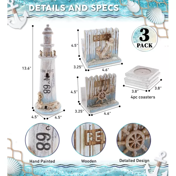 CoTa Global Coastal Horizon Nautical Collection  Handcrafted Wooden Coaster Set Nautical Themed Napkin Holder with Boat Wheel and Wooden Lighthouse Decoration for Tabletop Accent Decor  3 Pieces